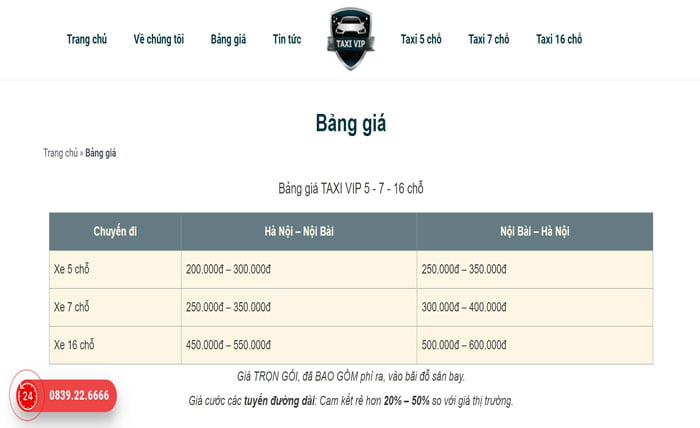 Bảng giá taxi luôn được niêm yết minh bạch trên website