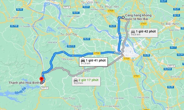 Nội Bài cách Hòa Bình khoảng 2 tiếng đi xe