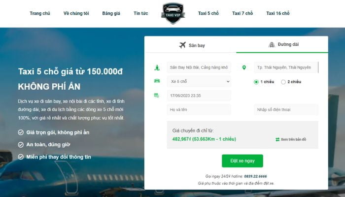 Giao diện đặt taxi Nội Bài Hà Nội tại Taxi Vip rất đơn giản