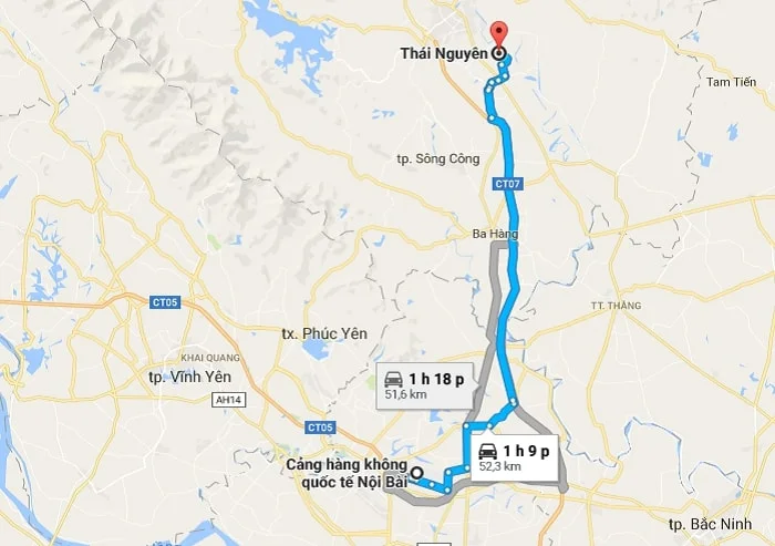 Taxi Nội Bài Thái Nguyên, Nội Bài Thái Nguyên bao nhiêu km