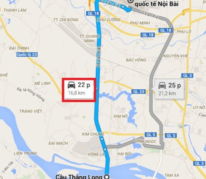 Tuyến đường di chuyển từ Cầu Thăng Long đến Nội Bài